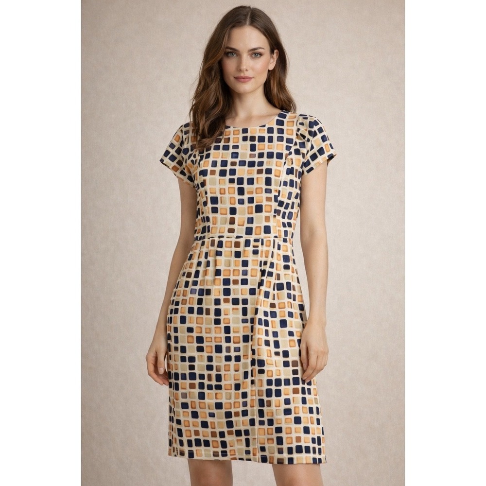 Vicario Cinque Adua 1491 Geometric Square Print Sheath Dress Navy Tan Size M NWT